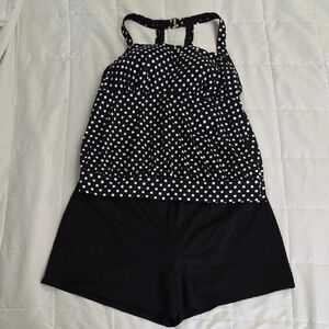 Lands' End 2-piece black and white polka dot boy-short bottom swimsuit, 16W